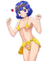 Rule 34 | 1girl, azuteka, bad id, bad pixiv id, bikini, blue eyes, blue hair, blush, breasts, breasts apart, cameltoe, clenched hands, collarbone, covered erect nipples, cowboy shot, dragon quest, dragon quest x, from side, goggles, goggles on head, grin, groin, hands up, heart, highleg, highleg bikini, highleg swimsuit, legs together, looking at viewer, matching hair/eyes, medium breasts, micro bikini, navel, sarong, serafi (dq10), seraphy (dq10), shadow, shiny skin, short hair, sideboob, simple background, smile, solo, spoken heart, square enix, standing, strap gap, string bikini, swimsuit, underboob, white background, yellow bikini