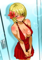 Rule 34 | 1girl, bare shoulders, blonde hair, blush, breasts, collarbone, colorized, cowboy shot, dark-skinned female, dark skin, dress, eyes visible through hair, flower, gravel (masou gakuen hxh), hair between eyes, hair flower, hair ornament, hair over one eye, hibiscus, highres, hisasi, large breasts, looking at viewer, masou gakuen hxh, own hands together, parted lips, pleated dress, red dress, red eyes, revealing clothes, short dress, short hair, sleeveless, sleeveless dress, solo, standing, third-party edit