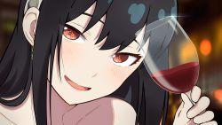 Rule 34 | 1girl, bad id, bad pixiv id, bare shoulders, black bitou, blush, collarbone, cup, drinking glass, drunk, earrings, hair down, hairband, half-closed eyes, highres, holding, holding cup, jewelry, long hair, looking at viewer, open mouth, portrait, smile, solo, spy x family, white hairband, wine glass, yor briar