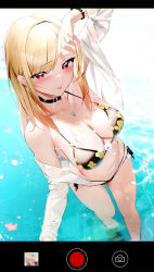 Rule 34 | 1girl, absurdres, arm up, bead bracelet, beads, bikini, black bikini, black choker, blonde hair, blush, bracelet, breasts, choker, cleavage, closed mouth, collarbone, colored tips, ear piercing, earrings, fantongjun, feet out of frame, floral print, from above, gyaru, halterneck, heart, heart-shaped pupils, highres, jewelry, kitagawa marin, large breasts, looking at viewer, multicolored hair, nail polish, navel, necklace, fake phone screenshot, piercing, pink nails, print bikini, raised eyebrows, red eyes, side-tie bikini bottom, sono bisque doll wa koi wo suru, sparkle, standing, stomach, straight hair, string bikini, swept bangs, swimsuit, symbol-shaped pupils, tongue, tongue out, viewfinder, wading, water, wet, white sleeves