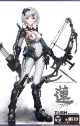 Rule 34 | 1girl, absurdres, armor, armored boots, arrow (projectile), artist name, black soldier, bodysuit, boots, bow (weapon), breasts, cable, cleavage, clenched hand, closed mouth, detached sleeves, elbow gloves, full body, gloves, hair ornament, hairclip, harness, headgear, highres, holding, holding weapon, knee boots, legs apart, letterboxed, looking at viewer, mechanical bow, medium breasts, original, quiver, short hair, shoulder pads, silver hair, solo, standing, strap, weapon, white bodysuit