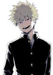 1boy bakugou_katsuki black_jacket blonde_hair boku_no_hero_academia buttons collared_jacket commentary_request gakuran hair_between_eyes highres jacket long_sleeves male_focus open_mouth red_eyes school_uniform shirt simple_background solo spiked_hair teeth upper_body white_background white_shirt zbura