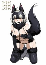 Rule 34 | 1girl, ahoge, animal collar, animal ear fluff, animal ears, bare shoulders, black footwear, black gloves, black panties, black thighhighs, blush, boots, breasts, collar, cosplay, cowfee, elbow gloves, fate/grand order, fate (series), fingernails, full body, fur bikini, fur collar, gloves, headpiece, high heel boots, high heels, highres, jeanne d&#039;arc (fate), jeanne d&#039;arc alter (avenger) (fate), jeanne d&#039;arc alter (fate), kneeling, large breasts, leaning forward, leash, looking at viewer, mash kyrielight, mash kyrielight (dangerous beast), mash kyrielight (dangerous beast) (cosplay), mouth hold, navel, official alternate costume, panties, paw pose, pet play, revealing clothes, sharp fingernails, short hair, signature, silver hair, simple background, solo, tail, thigh boots, thighhighs, underwear, white background, wolf ears, wolf tail, yellow eyes