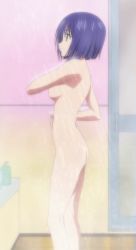 Rule 34 | 00s, 1girl, ass, bathing, bathroom, blue hair, breasts, highres, large breasts, legs, nude, sairenji haruna, screencap, short hair, showering, solo, standing, steam, stitched, third-party edit, to love-ru