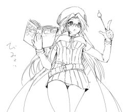 Rule 34 | 1girl, aty, aty (summon night), bare legs, belt, beret, book, breasts, buckle, cape, from below, gin&#039;ichi (akacia), ginichi, greyscale, hat, holding, holding book, index finger raised, large breasts, monochrome, open book, pointer, ribbed sweater, simple background, solo, summon night, summon night 3, sweater, teacher, thigh gap, white background
