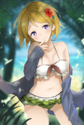 Rule 34 | 1girl, bikini, blonde hair, blue jacket, blurry, blurry background, blush, closed mouth, collarbone, commentary request, day, depth of field, flower, gluteal fold, green bikini, hair flower, hair ornament, hand up, head tilt, highres, jacket, koizumi hanayo, long sleeves, love live!, love live! school idol project, mismatched bikini, off shoulder, open clothes, open jacket, outdoors, palm tree, purple eyes, red flower, sakasa (guranyto), sleeves past wrists, smile, solo, standing, striped bikini, striped clothes, swimsuit, thick eyebrows, tree, white bikini