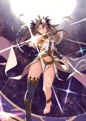 Rule 34 | 1girl, armlet, asymmetrical legwear, asymmetrical sleeves, barefoot, bikini, brown hair, closed mouth, detached sleeves, earrings, fate/grand order, fate (series), foreshortening, full body, heavenly boat maanna, highres, hoop earrings, ishtar (fate), jewelry, long hair, looking at viewer, mismatched bikini, nagihana, navel, neck ring, parted bangs, pointing, pointing at viewer, single detached sleeve, single thighhigh, smile, solo, swimsuit, thighhighs, tiara, two side up, uneven legwear, uneven sleeves, yellow eyes