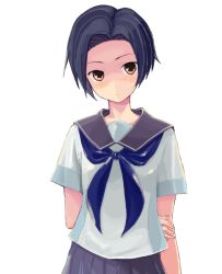 Rule 34 | 1girl, black hair, jas (annkoromochi), kobayakawa rinko, love plus, school uniform, short hair, simple background, solo, yellow eyes