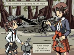 Rule 34 | 2girls, :3, anklet, black skirt, brown hair, cannon, chiyoda (kancolle), english text, jewelry, kantai collection, multiple girls, name connection, outdoors, parody, pleated skirt, rensouhou-chan, robot, ryuujou (kancolle), short hair, side ponytail, sixten, skirt, source quote parody, star wars, t-65 x-wing, thigh strap, tree, turret, visor cap, wetland, x-wing