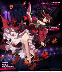 Rule 34 | 1girl, bahao diqiu, bare legs, bare shoulders, barefoot, black skirt, breasts, brown hair, character name, cleavage, collar, commentary, copyright name, crossed legs, dango hair ornament, english commentary, english text, falling, feet, flower, food-themed hair ornament, full body, girls&#039; frontline, hair flower, hair ornament, heart, heart hair, high heels, highres, instrument, japanese clothes, kimono, large breasts, leaf, long hair, looking at viewer, maple leaf, multicolored hair, official alternate costume, official art, promotional art, red collar, red eyes, red flower, red footwear, red hair, red kimono, red rose, rose, shamisen, shoes, unworn shoes, skirt, smoking pipe, solo, toenails, toes, torn clothes, torn skirt, yuugiri (zombie land saga), zombie land saga