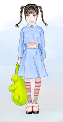 Rule 34 | 1girl, absurdres, black hair, blue background, blue shirt, blue skirt, braid, closed mouth, collared shirt, commentary request, crop top, dytm, feet together, frown, full body, gradient background, highres, holding, holding stuffed toy, kneehighs, long skirt, long sleeves, looking at viewer, multicolored clothes, multicolored legwear, original, pink footwear, shirt, skirt, socks, solo, standing, stuffed animal, stuffed toy, twin braids, white background