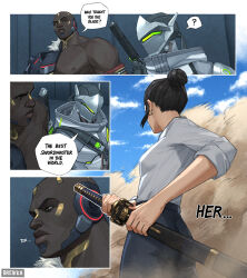 1girl 2boys ? armband black_hair blue_pants blue_sky breikka cybernetic cyborg doomfist_(overwatch) dust earrings facepaint flashback gauntlets genji_(overwatch) grey_hoodie hair_bun headband holding holding_sword holding_weapon hood hoodie jewelry katana mask multiple_boys muscular muscular_male ninja nipples overwatch pants pectorals shirt sky sleeveless sleeveless_hoodie sleeves_rolled_up smoke speech_bubble sword thinking tsk weapon white_shirt yamagami_asa