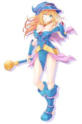 Rule 34 | &gt;;q, 1girl, bad id, bad twitter id, bare shoulders, blonde hair, blue dress, blue footwear, blush stickers, boots, breasts, choker, cleavage, collarbone, dark magician girl, dress, drop shadow, duel monster, full body, green eyes, hat, highres, holding, holding staff, long hair, looking at viewer, magical girl, medium breasts, off-shoulder dress, off shoulder, pentacle, shio pasta, short dress, showgirl skirt, skirt, solo, staff, v, v-shaped eyebrows, vambraces, wizard hat, yu-gi-oh!