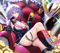 Rule 34 | 1girl, belt, black gloves, boots, breasts, coin, crossed legs, gao kawa, gauntlets, gloves, gold coin, gold trim, hair ornament, hairclip, hand on own chin, highres, honkai: star rail, honkai (series), knee boots, looking at viewer, medium breasts, multicolored hair, numby (honkai: star rail), purple eyes, red hair, ribbon, short hair, short shorts, shorts, sitting, smile, streaked hair, thigh strap, thighs, topaz (honkai: star rail), trotter (honkai: star rail), white hair