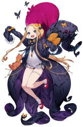 Rule 34 | 1girl, :d, abigail williams (fate), black bow, black dress, blonde hair, blue eyes, blush, bow, bug, bukurote, butterfly, dress, fang, fate/grand order, fate (series), forehead, full body, insect, long hair, long sleeves, open clothes, open dress, open mouth, orange bow, outstretched arm, parted bangs, polka dot, polka dot bow, red footwear, shoes, simple background, sleeves past fingers, sleeves past wrists, smile, socks, solo, stuffed animal, stuffed toy, teddy bear, very long hair, white background, white dress, white socks
