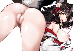 Rule 34 | 1girl, 5440nbic, animal ear fluff, animal ears, anus, ass, azur lane, bare shoulders, bell, black hair, blush, breasts, censored, cleft of venus, flower, hair flower, hair ornament, highres, japanese clothes, kimono, large breasts, long hair, long sleeves, looking at viewer, looking back, multicolored hair, naganami (azur lane), nipples, no panties, off shoulder, open mouth, pussy, skunk ears, skunk tail, solo, tail, third-party edit, tongue, tongue out, white hair, white kimono, wide sleeves, yellow eyes