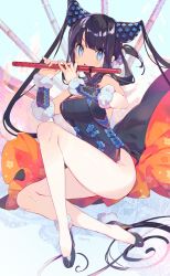 Rule 34 | 1girl, black hair, blue eyes, breasts, fate/grand order, fate (series), flute, high heels, instrument, long hair, music, namie-kun, playing instrument, signature, sitting, solo, thighs, twintails, very long hair, yang guifei (fate)