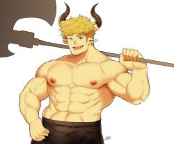 Rule 34 | 1boy, absurdres, bara, blonde hair, blush, draph, fujimachine (clayten), granblue fantasy, green eyes, highres, horns, large pectorals, looking at viewer, male focus, muscular, pectorals, smile, solo, toned, toned male, topless male, vane (granblue fantasy)
