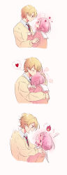 Rule 34 | 1boy, 1girl, absurdres, blonde hair, blush, closed eyes, hand on another&#039;s head, heart, highres, hug, long sleeves, looking at another, momomo (m0 3), necktie, open mouth, pink hair, pink sweater, project sekai, sailor collar, school uniform, short hair, simple background, sweater, white sailor collar, yellow sweater