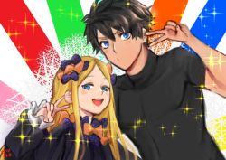 Rule 34 | 1boy, 1girl, abigail williams (fate), artist request, black bow, black dress, black hair, black shirt, blonde hair, blue eyes, blush, bow, breasts, closed mouth, dress, emotional engine - full drive, fate/grand order, fate (series), forehead, fujimaru ritsuka (male), hand up, long hair, long sleeves, looking at viewer, multiple bows, open mouth, orange bow, parted bangs, polka dot, polka dot bow, rainbow background, ribbed dress, shirt, short hair, short sleeves, small breasts, smile, sparkle, spiked hair, v