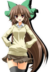 Rule 34 | 1girl, alternate costume, black thighhighs, bow, brown eyes, brown hair, casual, contemporary, female focus, hair bow, hands on own hips, long hair, looking at viewer, open mouth, pleated skirt, rappa (rappaya), reiuji utsuho, school uniform, simple background, skirt, smile, solo, sweater, thighhighs, thighs, touhou, very long hair, zettai ryouiki