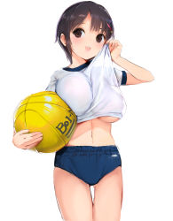 Rule 34 | 1girl, bad id, bad pixiv id, ball, basketball, basketball (object), black hair, blue buruma, breast press, breasts, brown eyes, buruma, closed mouth, clothes lift, commentary request, covered erect nipples, dot mouth, gym uniform, hair ornament, hairclip, holding, holding ball, large breasts, legs together, lifting own clothes, looking at viewer, midriff, navel, open mouth, original, shirt, shirt lift, short hair, short sleeves, simple background, smile, solo, standing, stomach, sweat, underboob, white background, white shirt, wiping sweat, yaegashi nan