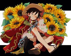 Rule 34 | 1boy, ^ ^, black hair, closed eyes, coat, commentary request, crossed legs, epaulettes, flower, happy birthday, hat, highres, male focus, monkey d. luffy, noise pp, one piece, red coat, sandals, sash, scar, scar on face, shirt, short hair, shorts, sitting, smile, solo, straw hat, sunflower, yellow sash