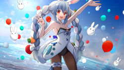 Rule 34 | &gt; &lt;, 1girl, :d, ame., animal ear fluff, animal ears, arm up, bare arms, bare shoulders, black leotard, blue hair, bow, braid, breasts, carrot hair ornament, cleavage, closed eyes, closed mouth, collarbone, commentary request, dress, food-themed hair ornament, fur-trimmed dress, fur trim, hair between eyes, hair bow, hair ornament, highres, hololive, leotard, looking at viewer, medium breasts, multicolored hair, open mouth, pantyhose, pekomon (usada pekora), rabbit-shaped pupils, rabbit ears, rabbit girl, rabbit tail, red eyes, short eyebrows, smile, standing, strapless, strapless dress, strapless leotard, symbol-shaped pupils, tail, thick eyebrows, twin braids, twintails, two-tone hair, usada pekora, usada pekora (1st costume), virtual youtuber, water, white bow, white dress, white hair