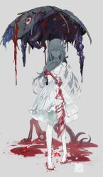 Rule 34 | 1girl, blood, blood on clothes, blood on feet, blood on hands, dress, eldritch abomination, full body, grey background, highres, holding, holding umbrella, long hair, original, simple background, smile, solo, standing, tentacles, toriseka, umbrella, white dress, white eyes, white hair
