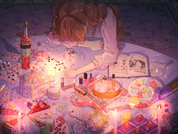 Rule 34 | 1girl, alcohol, amethyst 7777, brown hair, cake, cake slice, candle, card, champagne, champagne bottle, charlotte pudding, cocktail glass, cup, drill hair, drinking glass, face down, food, fruit, jewelry, lemon, lemon slice, nail polish, one piece, solo, strawberry, table