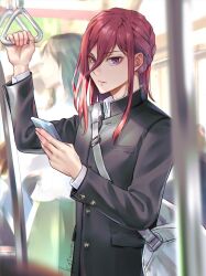 Rule 34 | 1boy, black jacket, blue lock, cellphone, chigiri hyoma, closed mouth, cowboy shot, cst, hands up, highres, holding, holding phone, jacket, long hair, long sleeves, looking at viewer, male focus, phone, red eyes, red hair, school uniform, smartphone, solo, standing, white bag