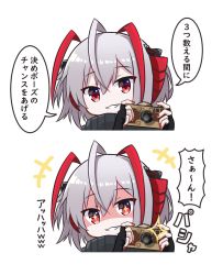 Rule 34 | +++, 1girl, aiming, aiming at viewer, antennae, arknights, black gloves, camera, commentary request, demon horns, fingerless gloves, gloves, grey scarf, hair between eyes, holding, holding camera, horns, kitara koichi, looking at viewer, red eyes, scarf, short hair, silver hair, simple background, smile, solo, taking picture, translation request, upper body, w (arknights), white background