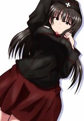 Rule 34 | 1girl, alternate costume, arm behind head, arm up, black eyes, black hair, black headwear, black jacket, closed mouth, commentary, cowboy shot, dress shirt, dutch angle, frown, garrison cap, girls und panzer, half-closed eyes, hand on own chest, hat, highres, insignia, jacket, kuromorimine military uniform, long hair, long sleeves, looking at viewer, mature female, meiya, military, military hat, military uniform, mother&#039;s day, nishizumi shiho, pleated skirt, red shirt, shirt, simple background, skirt, standing, straight hair, uniform, white background, wing collar