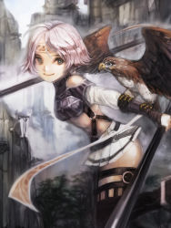 Rule 34 | 1girl, abs, animal on arm, armor, ass, bad id, bad pixiv id, belt, bird, bird on arm, blue eyes, blurry, bob cut, breastplate, circlet, escrima stick, falcon, fantasy, fog, long sleeves, looking at viewer, midriff, miniskirt, mountain, nightmare-kck, original, parted bangs, pink hair, profile, short hair, skirt, smile, solo, standing, standing on one leg, strap, thighhighs, tree, weapon, zettai ryouiki