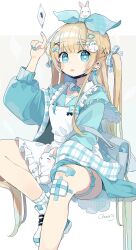 Rule 34 | + +, 1girl, :p, absurdres, alice (alice in wonderland), alice in wonderland, animal, apron, arm up, backpack, bag, bandages, bandaid, bandaid on leg, blonde hair, blue bow, blue dress, blue eyes, blue nails, blunt bangs, blush, blush stickers, bow, bowtie, card, chon (chon33v), dress, ear piercing, earrings, fingernails, frilled apron, frills, hair bow, hair ornament, hair ribbon, hairclip, hairpin, hand up, heart, heart-shaped pupils, highres, jewelry, long hair, long sleeves, looking at viewer, mask, mouth mask, nail polish, original, piercing, playing card, rabbit, rabbit hair ornament, ribbon, sailor collar, shoes, sidelocks, signature, simple background, sitting, socks, solo, symbol-shaped pupils, thigh strap, tongue, tongue out, two side up, very long hair, white apron, white background, white footwear, white socks, x hair ornament