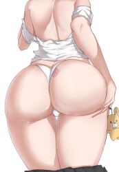 Rule 34 | 1girl, ass, blue archive, chihiro (blue archive), commentary request, condom, condom wrapper, from behind, head out of frame, highres, korean commentary, mole, mole on ass, panties, shirt, simple background, skyhood, thighs, underwear, white background, white panties, white shirt