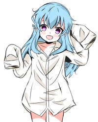 Rule 34 | 1girl, :d, arm up, artist request, beyblade, beyblade: burst, blue hair, blush stickers, collarbone, collared shirt, dress shirt, hand up, head tilt, long hair, long sleeves, looking at viewer, nishiro nya, no pants, open mouth, oversized clothes, oversized shirt, purple eyes, self-upload, shirt, sleeves past fingers, sleeves past wrists, smile, solo, source request, white shirt