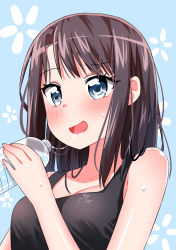 Rule 34 | 10s, 1girl, :d, aro 1801, artist name, bang dream!, black hair, black tank top, blue background, blue eyes, blush, bottle, breasts, collarbone, highres, holding, holding bottle, medium breasts, medium hair, okusawa misaki, open mouth, saliva, saliva trail, sexually suggestive, smile, solo, sweat, tank top, upper body, water bottle