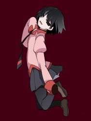Rule 34 | 1girl, black eyes, black hair, black necktie, blazer, blouse, full body, hammer (sunset beach), hands in opposite sleeves, jacket, juliet sleeves, jumping, loafers, long sleeves, looking at viewer, monogatari (series), necktie, open mouth, oshino ougi, pantyhose, pink jacket, pink shirt, pleated skirt, puffy sleeves, red background, school uniform, shirt, shoes, short hair, simple background, skirt, sleeves past wrists, smile, solo