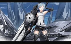 Rule 34 | 1girl, ?, arm at side, armpits, belt, black gloves, black legwear, black shorts, blue eyes, blue hair, blue nails, blue sky, borrowed character, breasts, cloud, contrail, crystal, english text, facial mark, fingerless gloves, gloves, hair ornament, hand up, heterochromia, highres, holding, holding sword, holding weapon, huge weapon, katana, legs apart, letterboxed, looking at viewer, matching hair/eyes, medium breasts, nail polish, original, outdoors, parted lips, science fiction, short hair, shorts, sky, sleeveless, solo, standing, sugi 214, swept bangs, sword, text focus, wallpaper, weapon