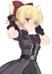 Rule 34 | 1girl, adjusting bow, ahoge, andou tazusa, assault lily, belt, black belt, black dress, black gloves, blonde hair, blush, bow, bowtie, breasts, center frills, closed mouth, cowboy shot, dress, frilled dress, frills, gloves, grey dress, hair between eyes, hands up, high ponytail, highres, layered dress, looking at viewer, looking to the side, official alternate costume, pera, ponytail, red bow, red bowtie, red eyes, short hair, short sleeves, sideways glance, simple background, small breasts, solo, standing, two-tone dress, white background