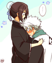 Rule 34 | ..., 1boy, 1girl, bleach, blush, brown hair, hair bun, hinamori momo, hitsugaya toushirou, japanese clothes, scarf, single hair bun, tama-chan (momomomijisakura), white hair