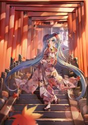 Rule 34 | 1girl, absurdly long hair, absurdres, aqua eyes, aqua hair, chyoling, commentary, floating hair, floral print, flower, full body, hair between eyes, hair flower, hair ornament, hatsune miku, highres, huge filesize, japanese clothes, kimono, leaf, long hair, looking at viewer, looking back, multiple torii, outdoors, platform clogs, sandals, smile, socks, solo, stairs, standing, torii, twintails, very long hair, vocaloid