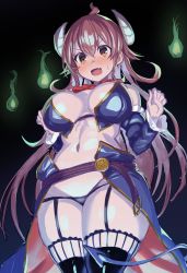 Rule 34 | ahoge, bare shoulders, boots, bow, bowtie, breasts, curled horns, demon girl, demon horns, demon tail, detached sleeves, fang, garter straps, greatmosu, highres, horns, large breasts, machikado mazoku, midriff, red eyes, skin fang, solo, tail, thigh boots, thighhighs, thighs, waist cape, yoshida yuuko (machikado mazoku)
