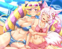 Rule 34 | 2girls, 3:, :d, ^ ^, ahoge, animal ear fluff, animal ears, arm hug, arm support, artist logo, bare legs, bare shoulders, bell, bikini, bikini skirt, blonde hair, blue bikini, blue sky, blurry, blurry background, blush, bow, bow bikini, breasts, cat ears, cat girl, cat tail, cleavage, closed eyes, cloud, commentary, covered erect nipples, cowboy shot, day, drill hair, eyewear on head, groin, hair bow, hair ribbon, hand on own chest, howan (show by rock!!), large breasts, lens flare, looking at viewer, mashima himeko (show by rock!!), medium breasts, midriff, multicolored hair, multiple girls, navel, open mouth, pink bikini, pink hair, pool, poolside, purple-tinted eyewear, purple bow, purple eyes, red ribbon, ribbon, sailor bikini, sailor collar, samenoido, show by rock!!, sidelocks, sitting, sky, smile, sparkle, striped bikini, striped clothes, swimsuit, tail, thick eyebrows, tinted eyewear, twin drills, two-tone bikini, two-tone hair, two side up, water slide, white sailor collar, wolf ears, wolf girl, wolf tail, yokozuwari, |d