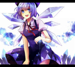 Rule 34 | bad id, bad pixiv id, blouse, blue eyes, blue hair, bow, cirno, collared shirt, dress, embodiment of scarlet devil, hair bow, letterboxed, nishikawa (fe), pinafore dress, shirt, short hair, sleeveless dress, solo, touhou, white shirt, wings