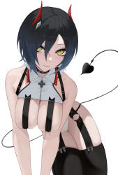 Rule 34 | 1girl, absurdres, azur lane, bare shoulders, black choker, black hair, black thighhighs, breast strap, breasts, choker, cleavage, closed mouth, collarbone, commentary, cowboy shot, cropped shirt, cross, ctct (sfda3237), garter straps, hair between eyes, heart, heart tail, highres, horns, iron cross, large breasts, leaning forward, looking at viewer, multicolored hair, nail polish, o-ring, panties, red horns, revealing clothes, shirt, short hair, sidelocks, simple background, skindentation, sleeveless, sleeveless shirt, solo, spiked choker, spikes, tail, thighhighs, twisted torso, ulrich von hutten (azur lane), underwear, white background, white hair, white panties, white shirt, yellow eyes