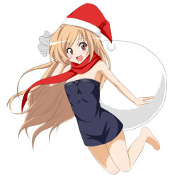 Rule 34 | 1girl, :d, aisaka taiga, bad id, bad pixiv id, barefoot, brown eyes, brown hair, dress, flo (guilty hearts), hat, long hair, open mouth, red scarf, sack, santa hat, scarf, smile, solo, toradora!