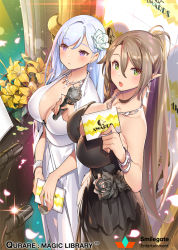 Rule 34 | 2girls, :o, black dress, black flower, blonde hair, blue hair, blush, breasts, brown hair, cleavage, copyright name, dress, flower, glint, green eyes, hair flower, hair ornament, holding, huge breasts, jewelry, large breasts, lily (flower), long hair, looking at viewer, looking away, microphone, multiple girls, necklace, open mouth, original, petals, pointy ears, ponytail, popqn, purple eyes, qurare magic library, standing, very long hair, watermark, white dress, white flower, yellow flower