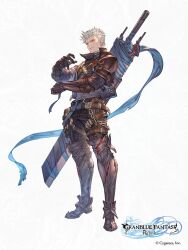 Rule 34 | 1boy, armored boots, belt, boots, copyright name, full body, granblue fantasy, granblue fantasy: relink, highres, id (granblue fantasy: relink), logo, minaba hideo, official art, red eyes, second-party source, solo, sword, weapon, white hair